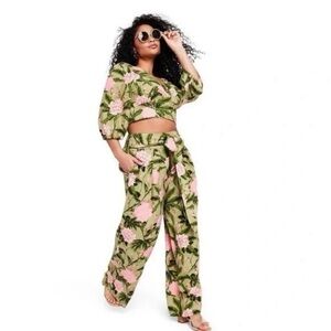 Floral‎ Green and Pink Tie-Waist Pants